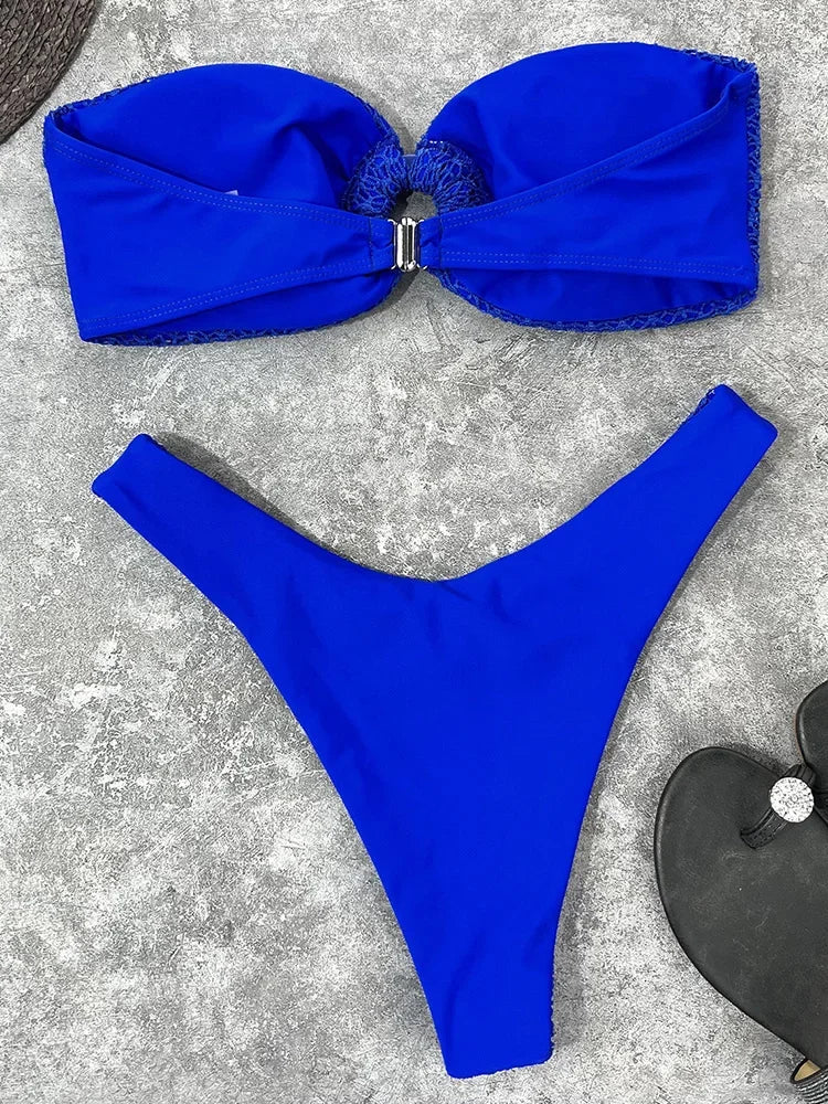 Wrinkled Fishnet Strapless Bandeau Bikini Women Swimsuit Female Swimwear Two-pieces Bikini set High Cut Bather Bathing Suit Swim