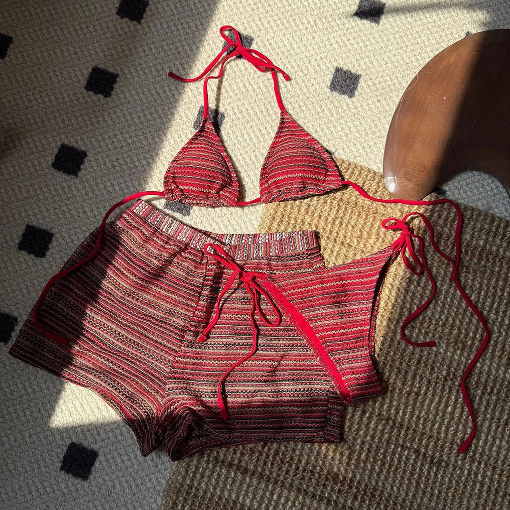 New Sexy Striped Halter Bikini Women Swimwear Three-pieces Bikini set With Shorts Female Swimsuit Bathing Suit Bather Swim V6326