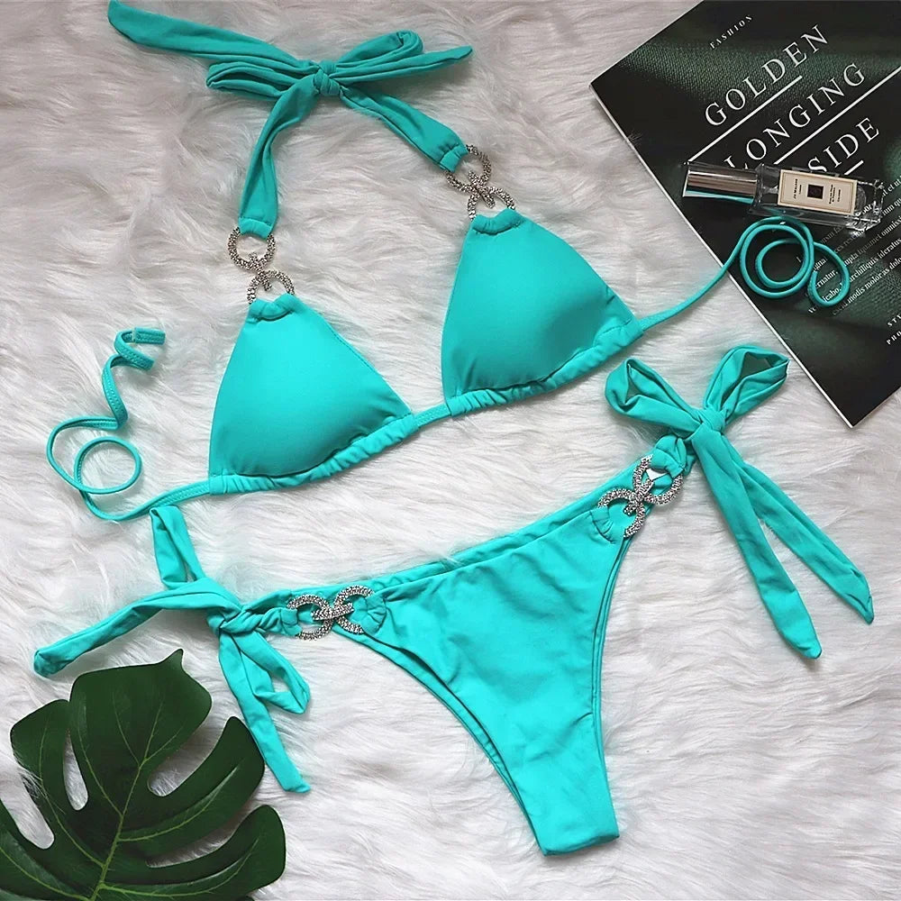 7 Colors New Sexy Bikini Set Swimwear Swimsuit Women Push Up Shiny Crystal Diamond Straps Bathing Suit Brasileno Banadores Mujer