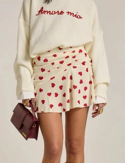 Women Heart Print Ruched Skirt Fashion Streetwear Casual Mini Skirt Valentine'S Day Mini Skirts High Waist Skirts Streetwear